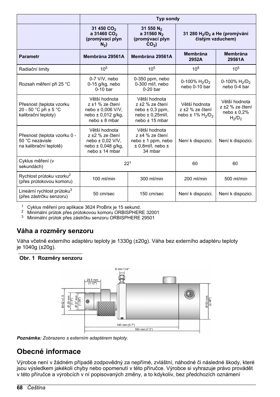 Váha a rozměry senzoru, Obecné informace | Hach-Lange ORBISPHERE 31xxx Thermal Basic User Manual User Manual | Page 68 / 92