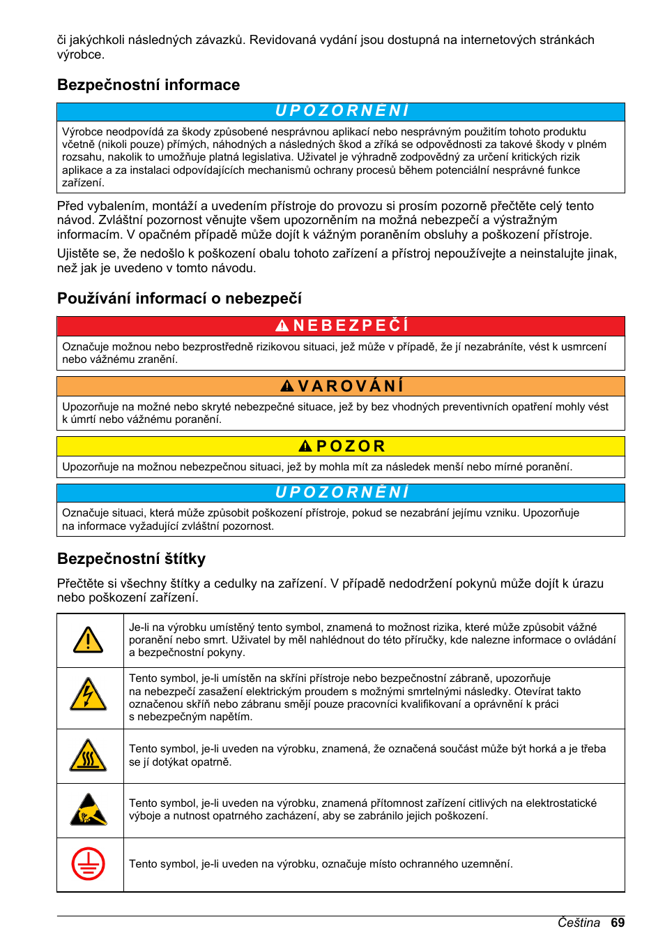 Bezpečnostní informace, Používání informací o nebezpečí, Bezpečnostní štítky | Hach-Lange ORBISPHERE 31xxx Thermal Basic User Manual User Manual | Page 69 / 92