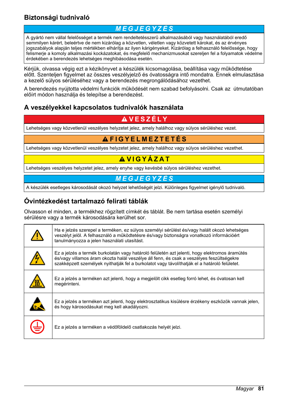 Biztonsági tudnivaló, A veszélyekkel kapcsolatos tudnivalók használata, Óvintézkedést tartalmazó felirati táblák | Hach-Lange ORBISPHERE 31xxx Thermal Basic User Manual User Manual | Page 81 / 92
