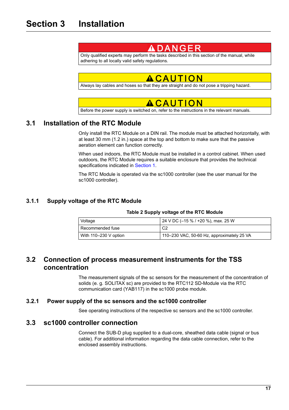 Section 3 installation, 1 installation of the rtc module, 1 supply voltage of the rtc module | 3 sc1000 controller connection | Hach-Lange RTC112 SD-Module User Manual | Page 17 / 52