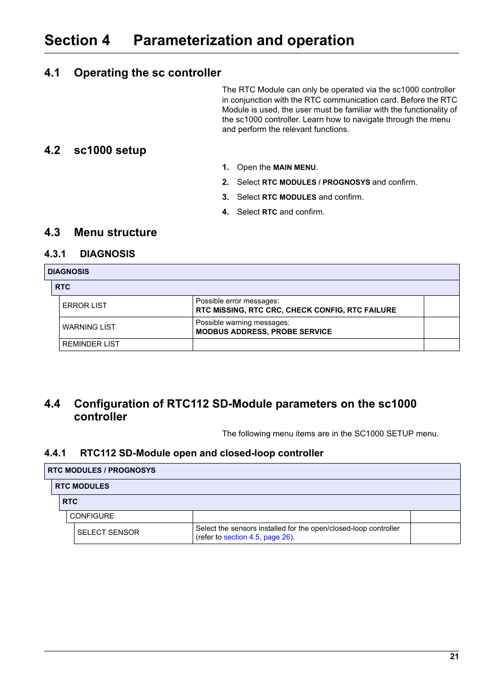 Section 4 parameterization and operation, 1 operating the sc controller, 2 sc1000 setup | 3 menu structure, 1 diagnosis, 1 rtc112 sd-module open and closed-loop controller | Hach-Lange RTC112 SD-Module User Manual | Page 21 / 52