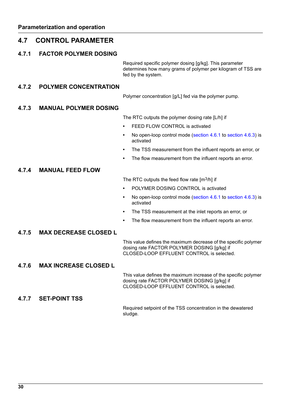 7 control parameter, 1 factor polymer dosing, 2 polymer concentration | 3 manual polymer dosing, 4 manual feed flow, 5 max decrease closed l, 6 max increase closed l, 7 set-point tss | Hach-Lange RTC112 SD-Module User Manual | Page 30 / 52