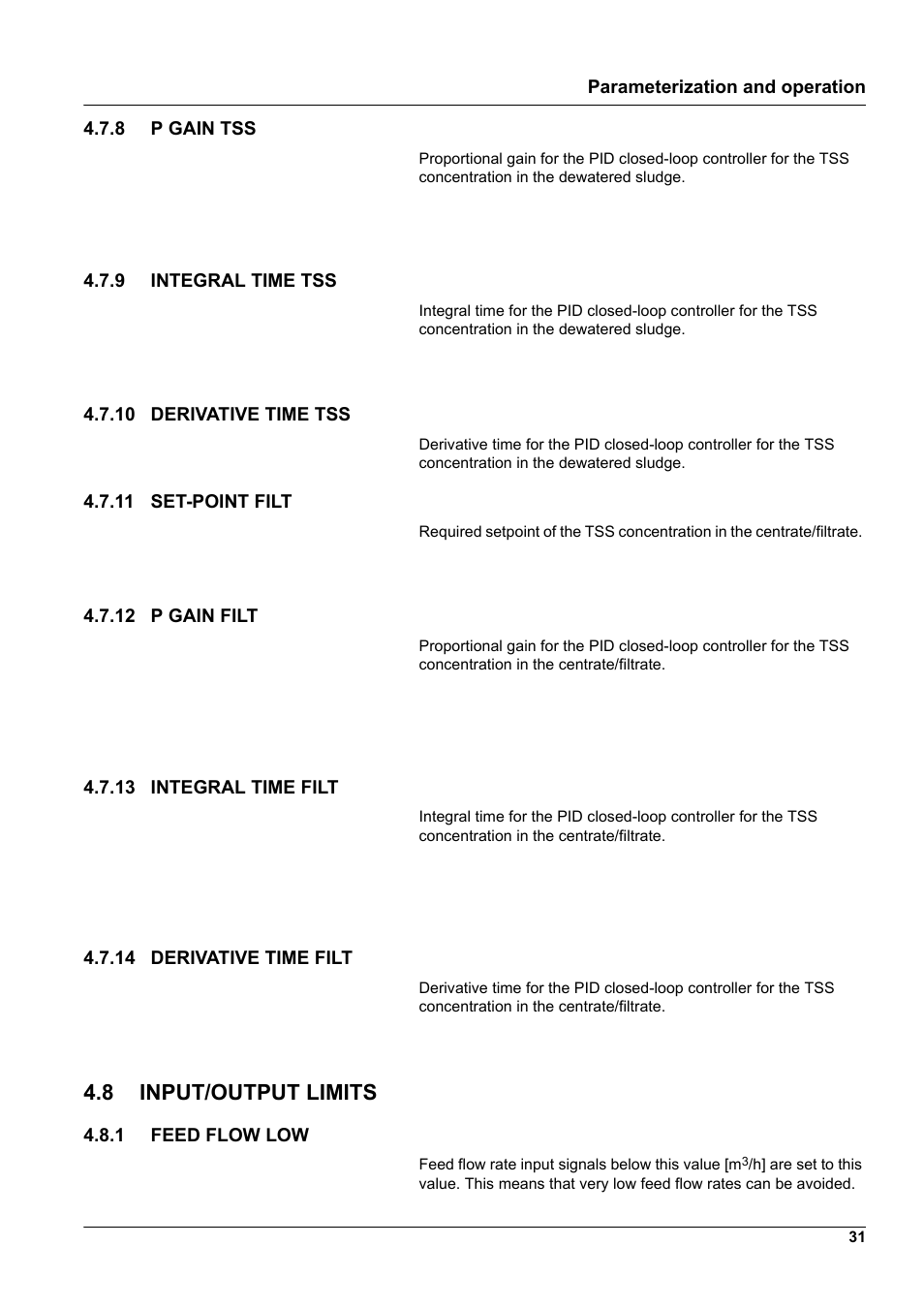 8 p gain tss, 9 integral time tss, 10 derivative time tss | 11 set-point filt, 12 p gain filt, 13 integral time filt, 14 derivative time filt, 8 input/output limits, 1 feed flow low | Hach-Lange RTC112 SD-Module User Manual | Page 31 / 52