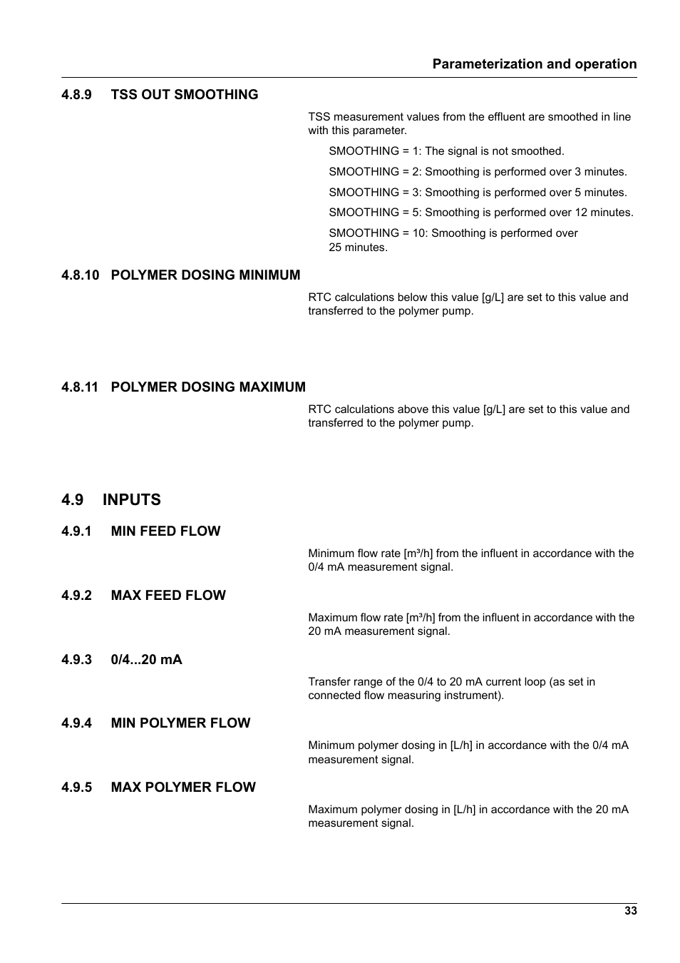 9 tss out smoothing, 10 polymer dosing minimum, 11 polymer dosing maximum | 9 inputs, 1 min feed flow, 2 max feed flow, 3 0/4 ma, 4 min polymer flow, 5 max polymer flow | Hach-Lange RTC112 SD-Module User Manual | Page 33 / 52