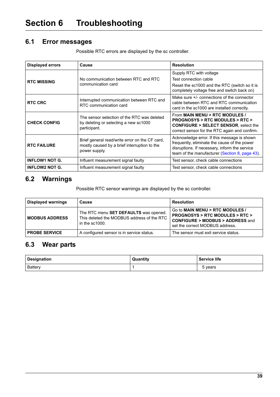 Section 6 troubleshooting, 1 error messages, 2 warnings | 3 wear parts, 1 error messages 6.2 warnings 6.3 wear parts | Hach-Lange RTC112 SD-Module User Manual | Page 39 / 52