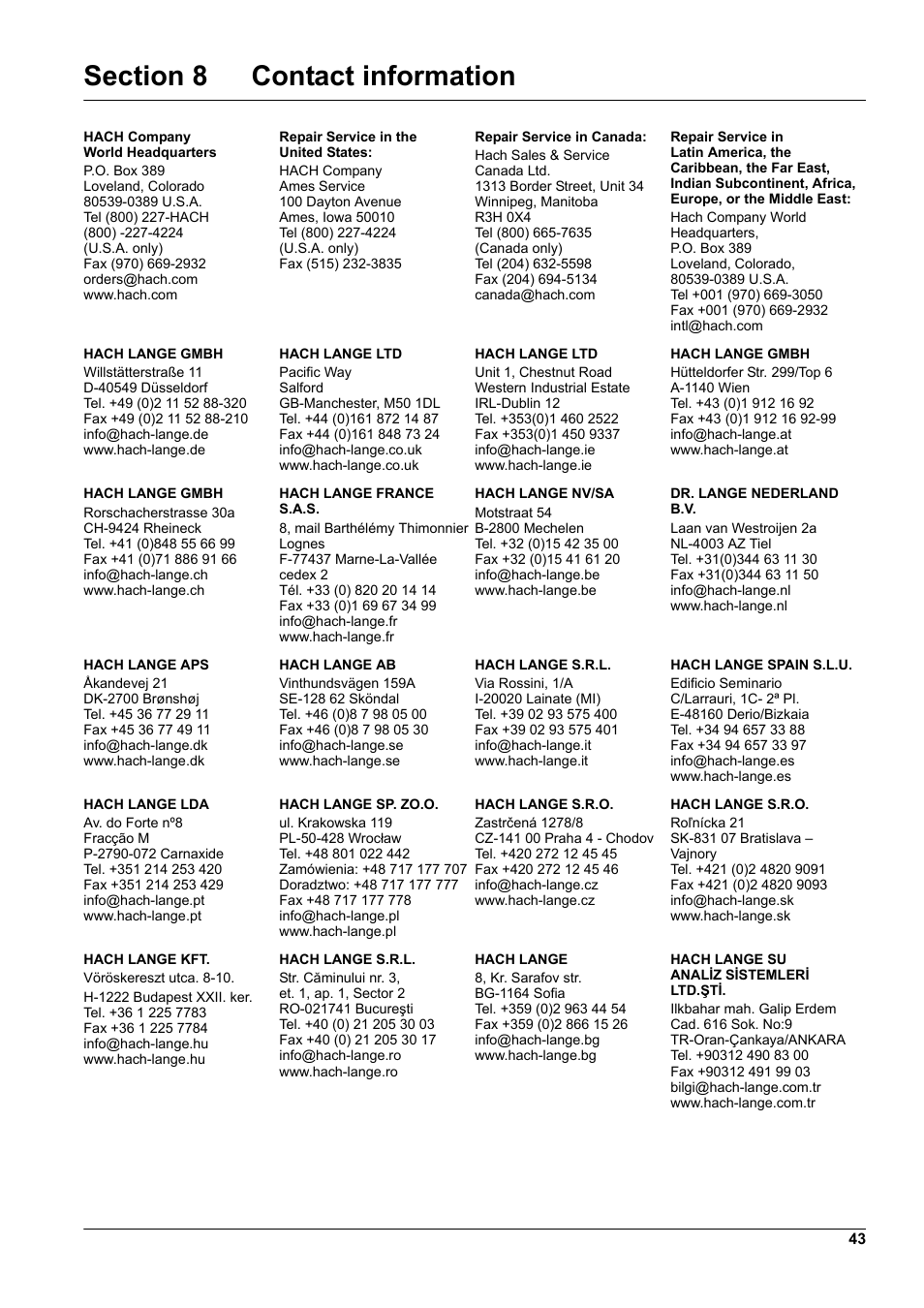 Section 8 contact information, Rtment, Section 8 | Hach-Lange RTC112 SD-Module User Manual | Page 43 / 52