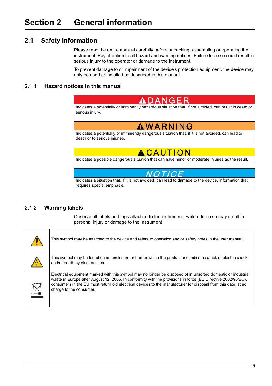 Section 2 general information, 1 safety information, 1 hazard notices in this manual | 2 warning labels | Hach-Lange RTC112 SD-Module User Manual | Page 9 / 52