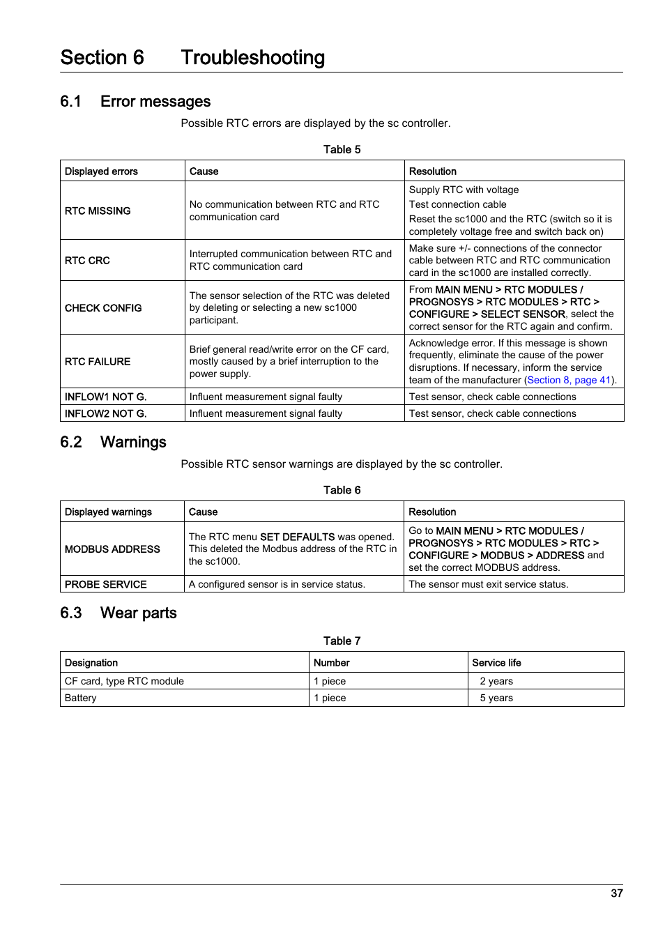 1 error messages, 2 warnings, 3 wear parts | Hach-Lange RTC113 ST-Module User Manual | Page 37 / 50