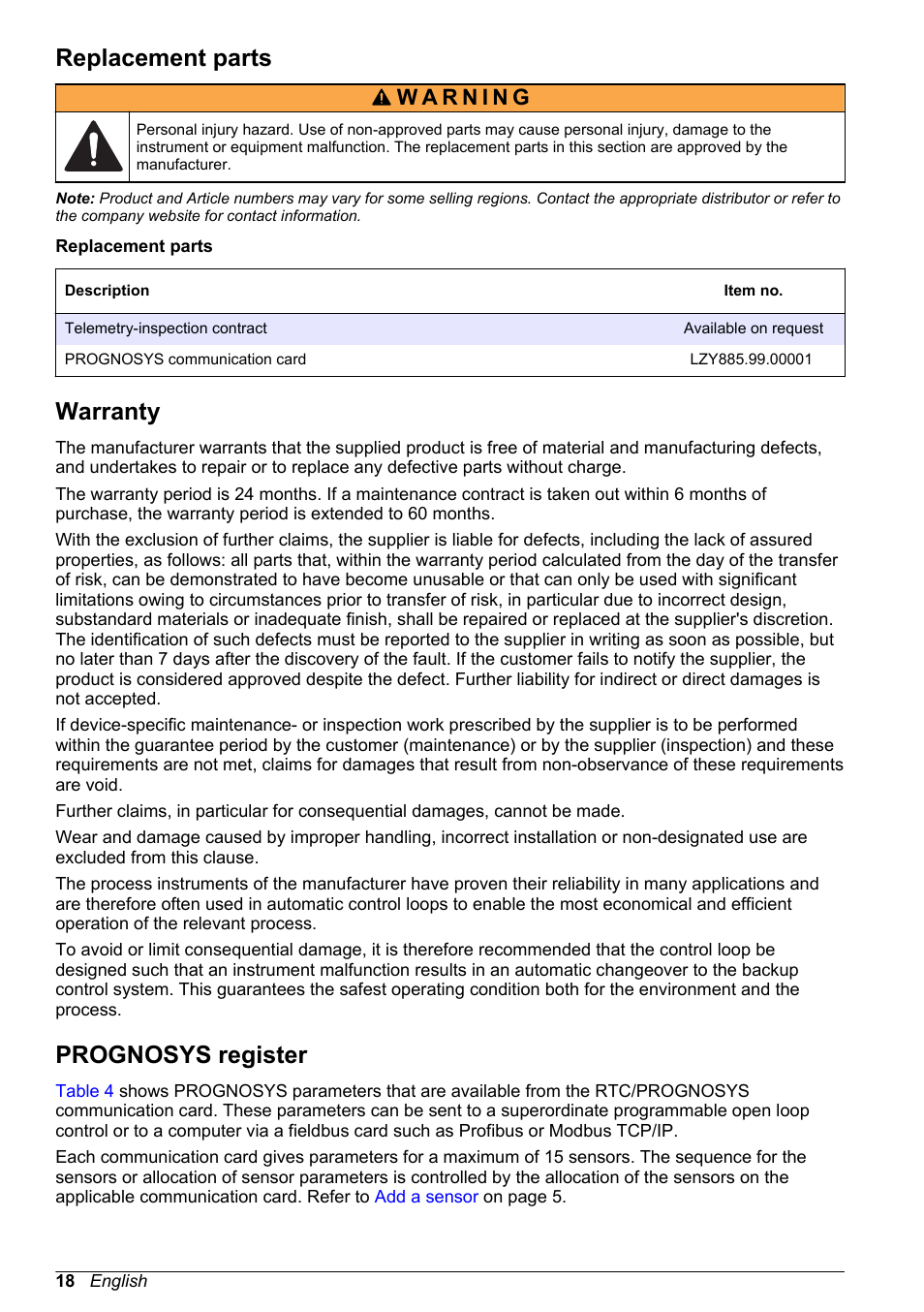 Replacement parts, Warranty, Prognosys register | Sc1000 controller. refer to | Hach-Lange PROGNOSYS User Manual | Page 20 / 26