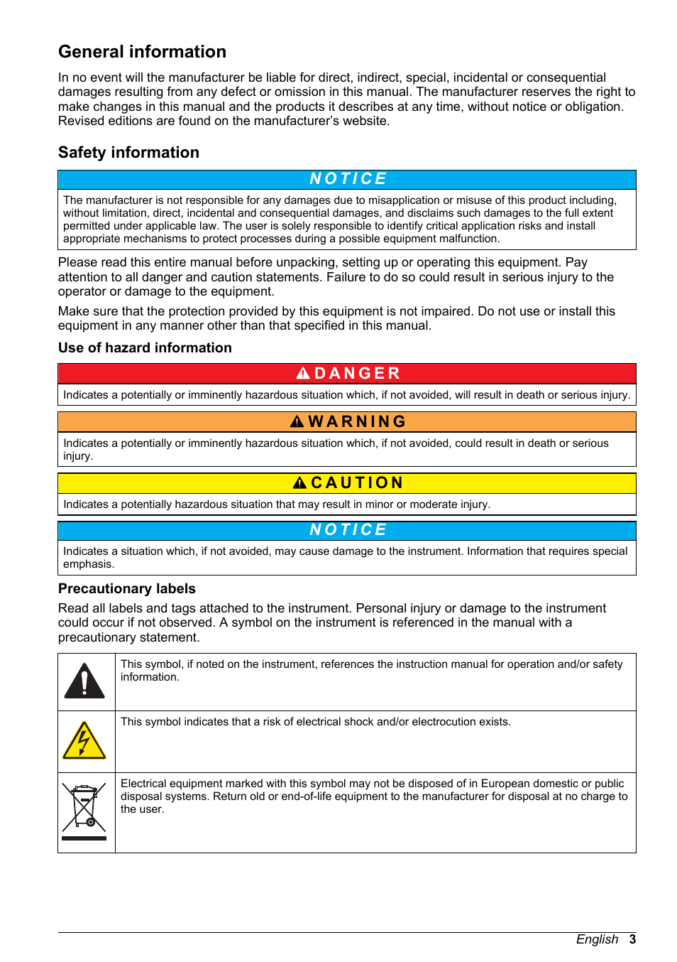 General information, Safety information, Use of hazard information | Precautionary labels, Use of hazard information precautionary labels | Hach-Lange PROGNOSYS User Manual | Page 5 / 26