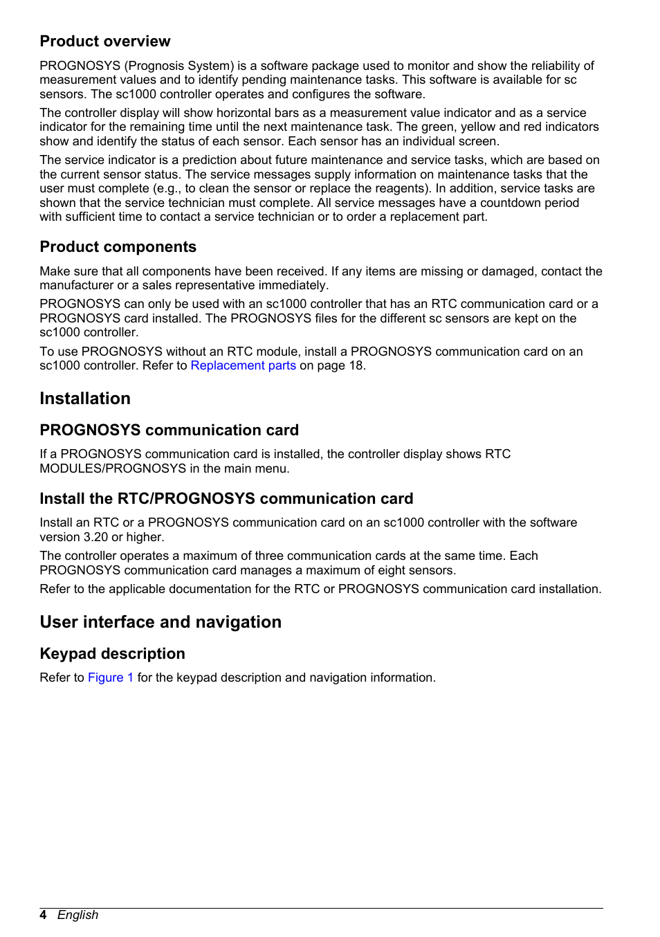 Product overview, Product components, Installation | Prognosys communication card, Install the rtc/‍prognosys communication card, User interface and navigation, Keypad description, Product overview product components | Hach-Lange PROGNOSYS User Manual | Page 6 / 26