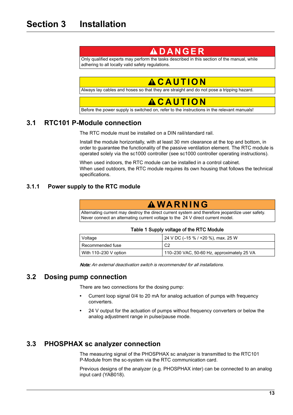 Section 3 installation, 1 rtc101 p-module connection, 1 power supply to the rtc module | 2 dosing pump connection, 3 phosphax sc analyzer connection | Hach-Lange WTOS P-RTC User Manual | Page 13 / 48