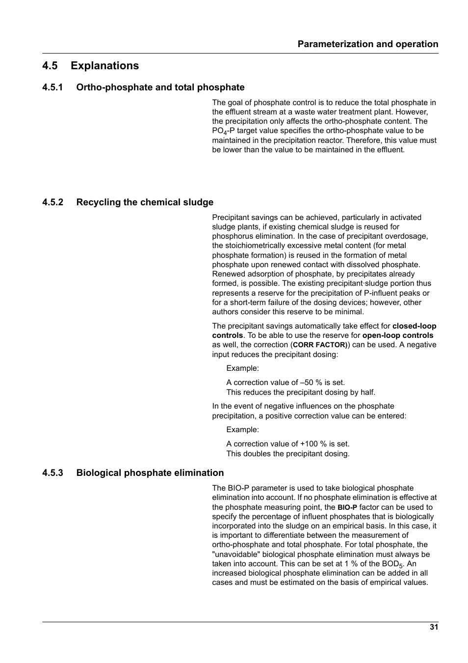 5 explanations, 1 ortho-phosphate and total phosphate, 2 recycling the chemical sludge | 3 biological phosphate elimination, Parameterization and operation | Hach-Lange WTOS P-RTC User Manual | Page 31 / 48