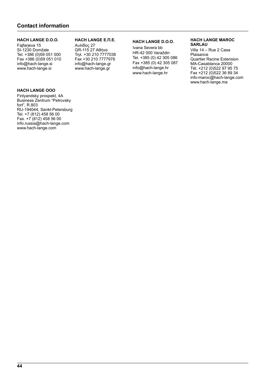 Contact information | Hach-Lange WTOS P-RTC User Manual | Page 44 / 48