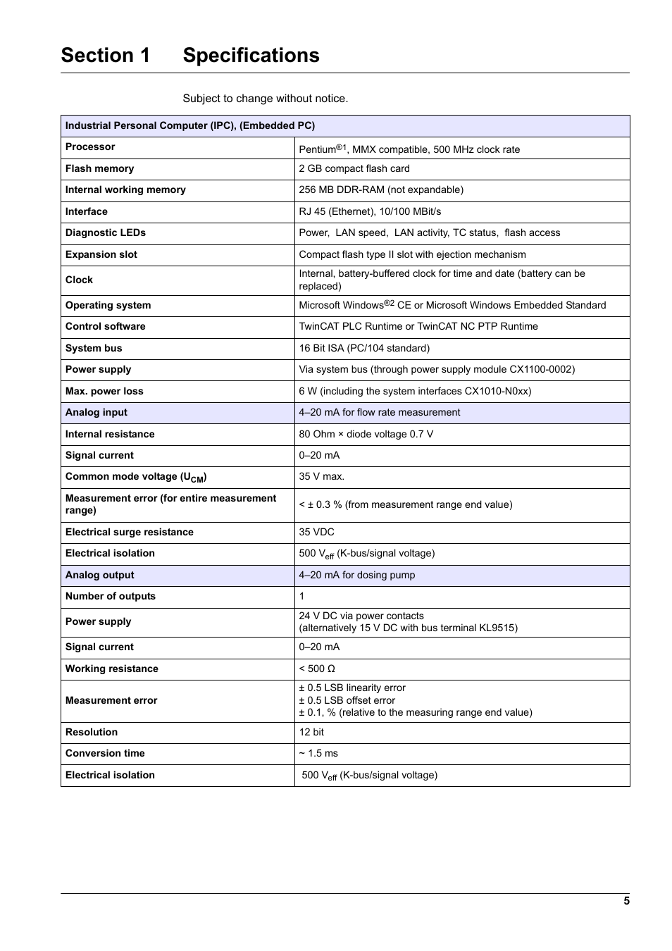 Section 1 specifications | Hach-Lange WTOS P-RTC User Manual | Page 5 / 48