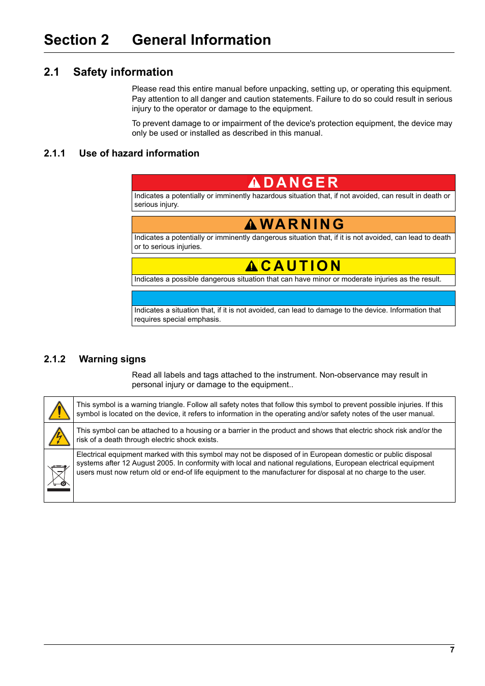 Section 2 general information, 1 safety information, 1 use of hazard information | 2 warning signs | Hach-Lange WTOS P-RTC User Manual | Page 7 / 48
