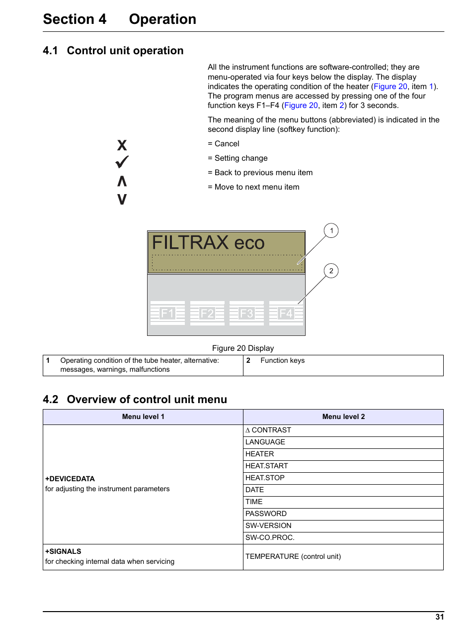 Section 4 operation, 1 control unit operation, 2 overview of control unit menu | Hach-Lange FILTRAX eco User Manual | Page 31 / 54