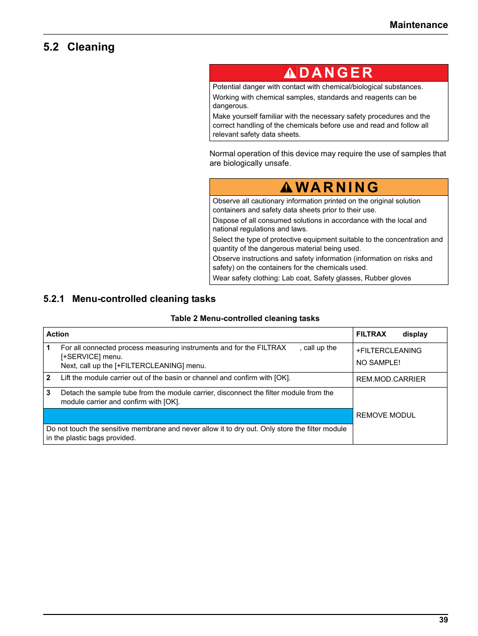2 cleaning, 1 menu-controlled cleaning tasks, 1 menu-controlled cleaning tasks on | Hach-Lange FILTRAX eco User Manual | Page 39 / 54