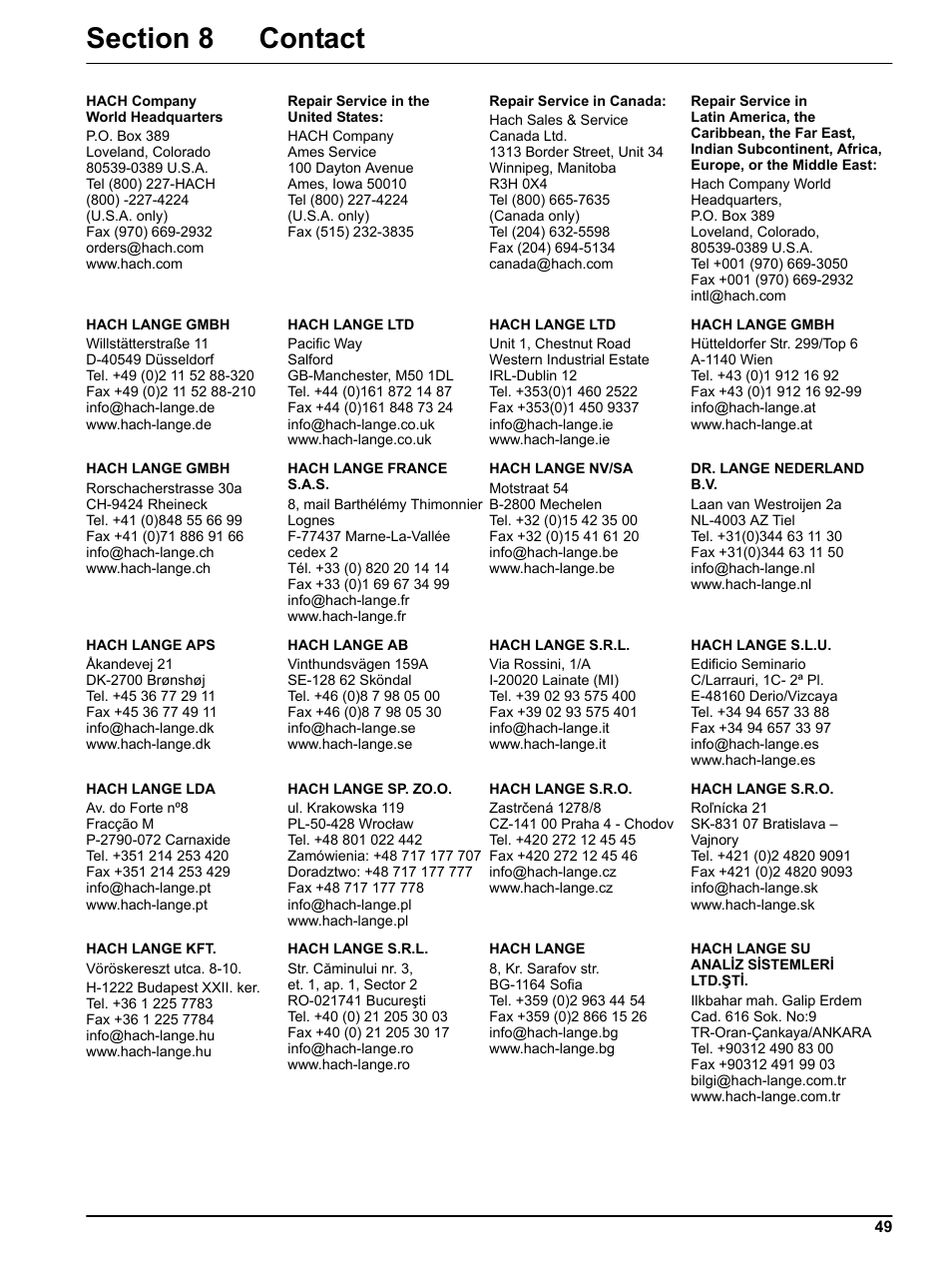 Section 8 contact | Hach-Lange FILTRAX eco User Manual | Page 49 / 54