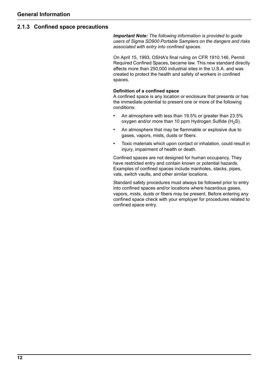 3 confined space precautions | Hach-Lange Sigma SD900 Portable User Manual | Page 14 / 82