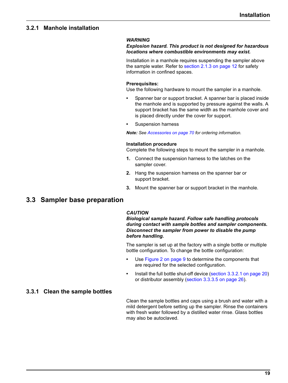 1 manhole installation, 3 sampler base preparation, 1 clean the sample bottles | Installation 3.2.1 manhole installation | Hach-Lange Sigma SD900 Portable User Manual | Page 21 / 82
