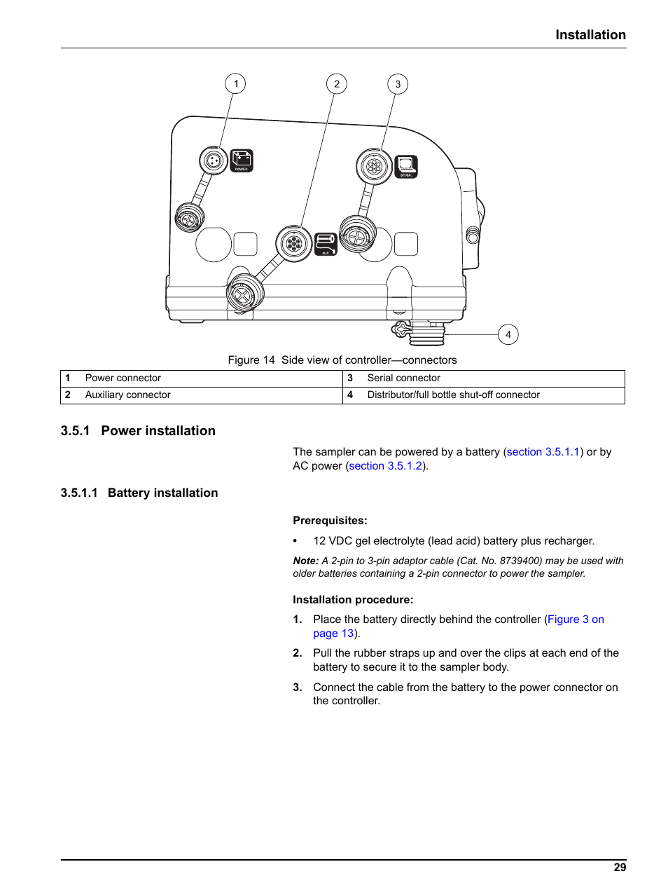 1 power installation, 1 battery installation, Section 3.5.1 | Installation 3.5.1 power installation | Hach-Lange Sigma SD900 Portable User Manual | Page 31 / 82