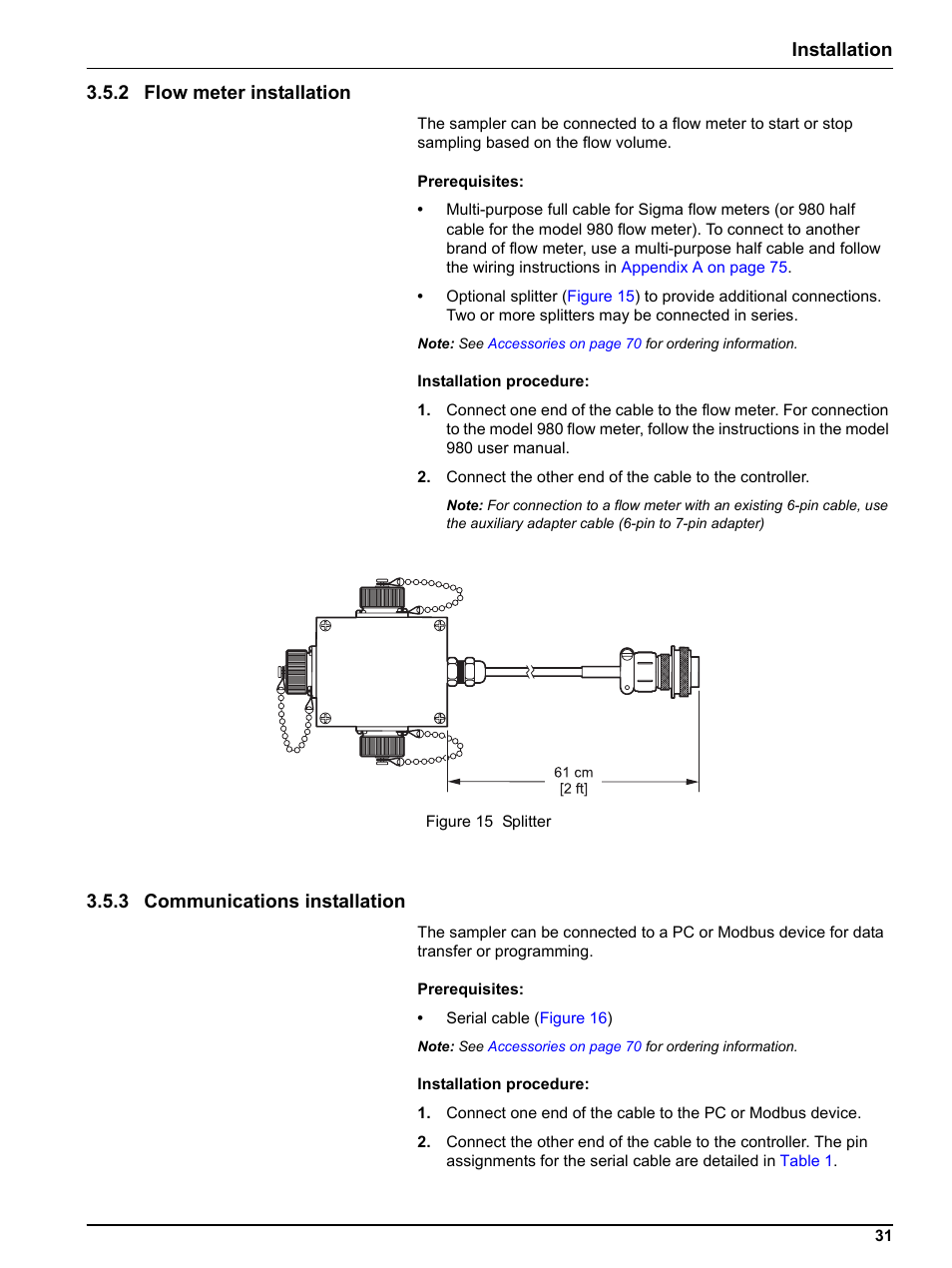 2 flow meter installation, 3 communications installation, Cations | Installation 3.5.2 flow meter installation | Hach-Lange Sigma SD900 Portable User Manual | Page 33 / 82