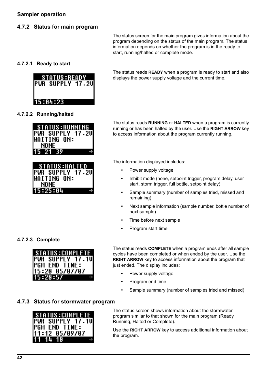 2 status for main program, 1 ready to start, 2 running/halted | 3 complete, 3 status for stormwater program, Sampler operation 4.7.2 status for main program | Hach-Lange Sigma SD900 Portable User Manual | Page 44 / 82