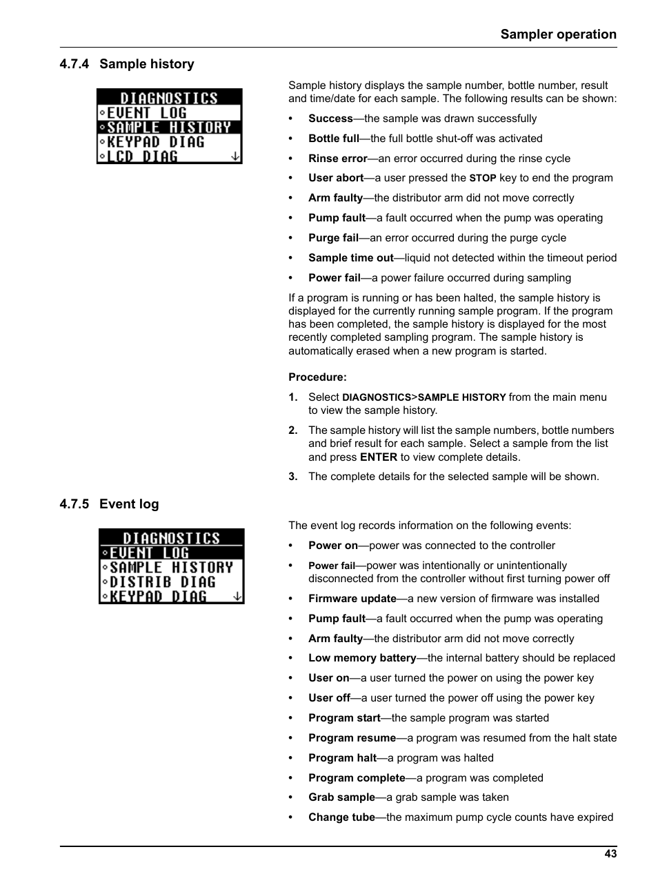 4 sample history, 5 event log, 4 sample history 4.7.5 event log | Sampler operation 4.7.4 sample history | Hach-Lange Sigma SD900 Portable User Manual | Page 45 / 82