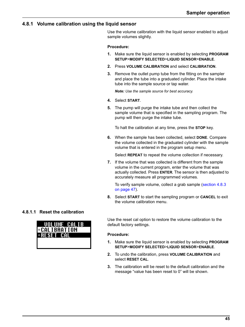 1 volume calibration using the liquid sensor, 1 reset the calibration | Hach-Lange Sigma SD900 Portable User Manual | Page 47 / 82