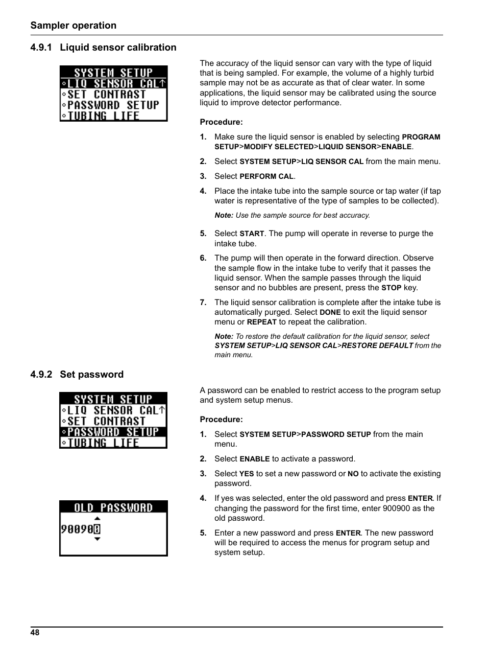 1 liquid sensor calibration, 2 set password, 1 liquid sensor calibration 4.9.2 set password | Sampler operation 4.9.1 liquid sensor calibration | Hach-Lange Sigma SD900 Portable User Manual | Page 50 / 82
