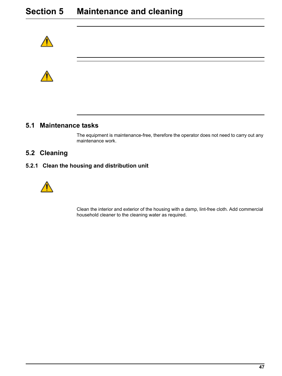 Section 5 maintenance and cleaning, 1 maintenance tasks, 2 cleaning | 1 clean the housing and distribution unit, 1 maintenance tasks 5.2 cleaning | Hach-Lange BUHLER 3010 4010 6010 Short Manual User Manual | Page 47 / 62