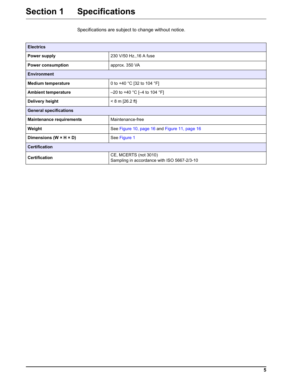 Section 1 specifications | Hach-Lange BUHLER 3010 4010 6010 Short Manual User Manual | Page 5 / 62