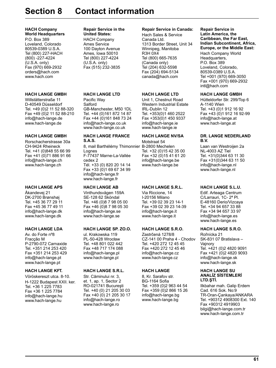 Section 8 contact information | Hach-Lange BUHLER 3010 4010 6010 Short Manual User Manual | Page 61 / 62