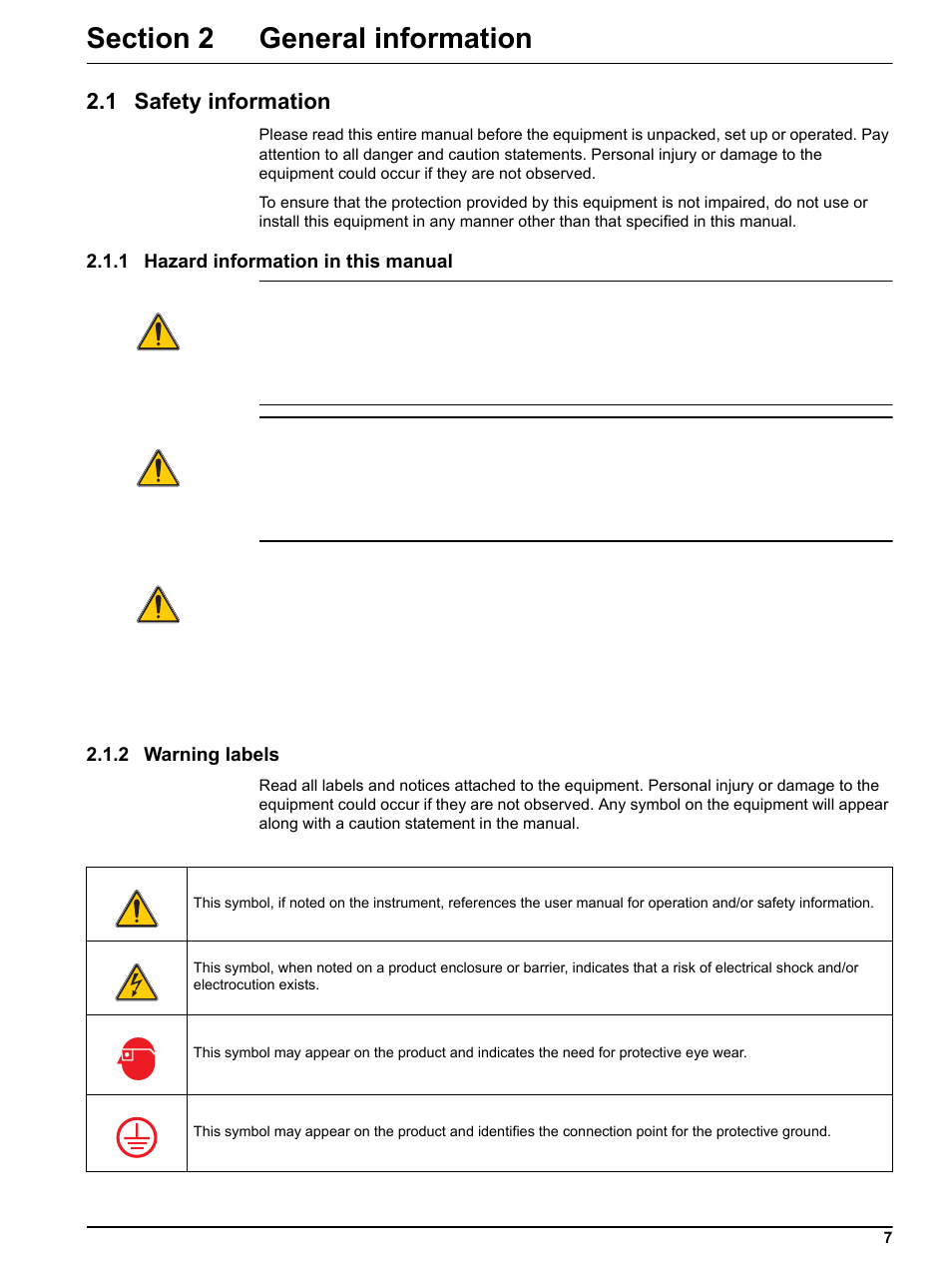 Section 2 general information, 1 safety information, 1 hazard information in this manual | 2 warning labels | Hach-Lange BUHLER 3010 4010 6010 Short Manual User Manual | Page 7 / 62