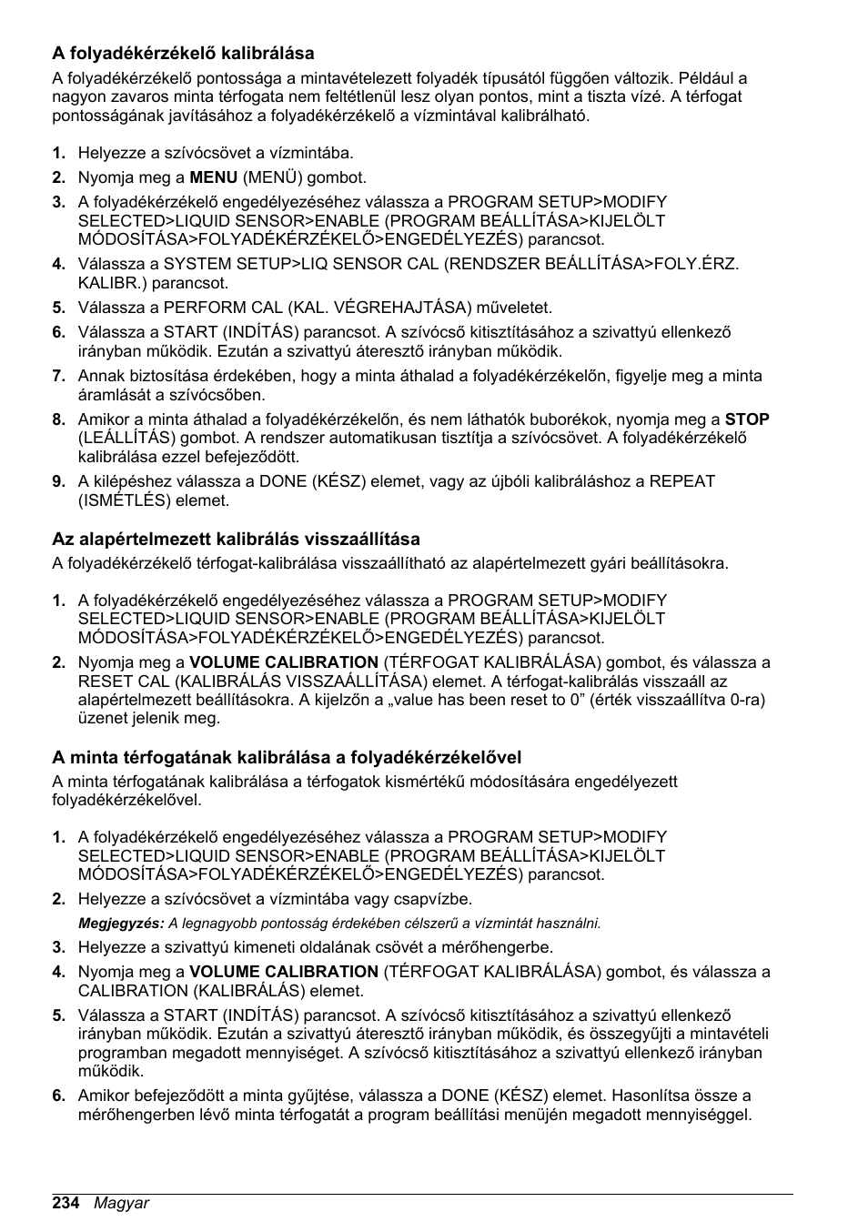 A folyadékérzékelő kalibrálása, Az alapértelmezett kalibrálás visszaállítása | Hach-Lange SD900 Refrigerated Sampler, SD900 AWRS Basic User Manual User Manual | Page 234 / 400