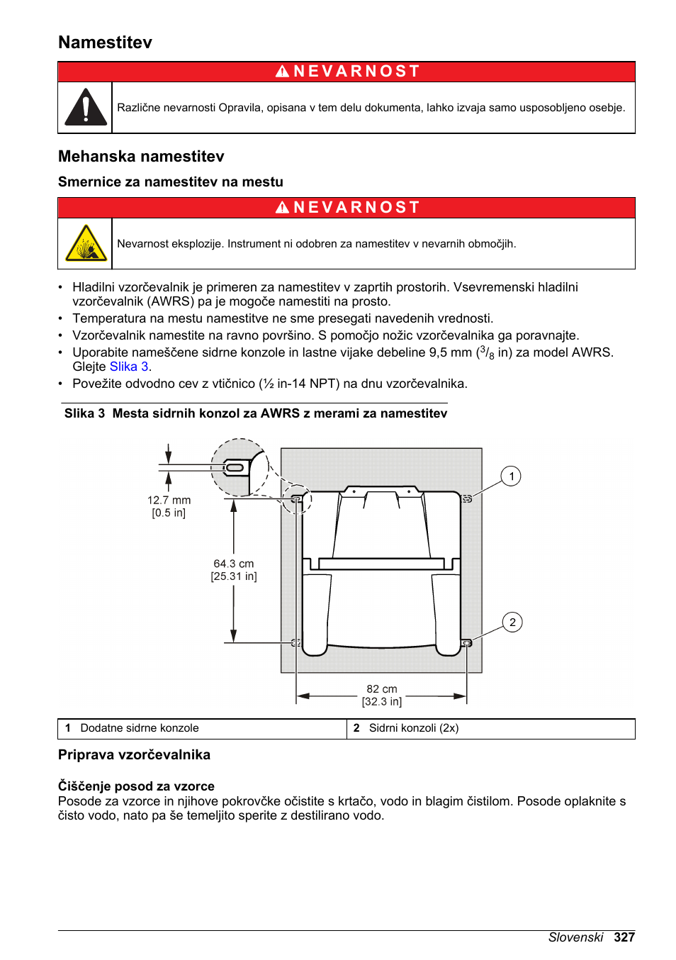 Namestitev, Mehanska namestitev, Smernice za namestitev na mestu | Priprava vzorčevalnika, Čiščenje posod za vzorce, Na strani 327 | Hach-Lange SD900 Refrigerated Sampler, SD900 AWRS Basic User Manual User Manual | Page 327 / 400