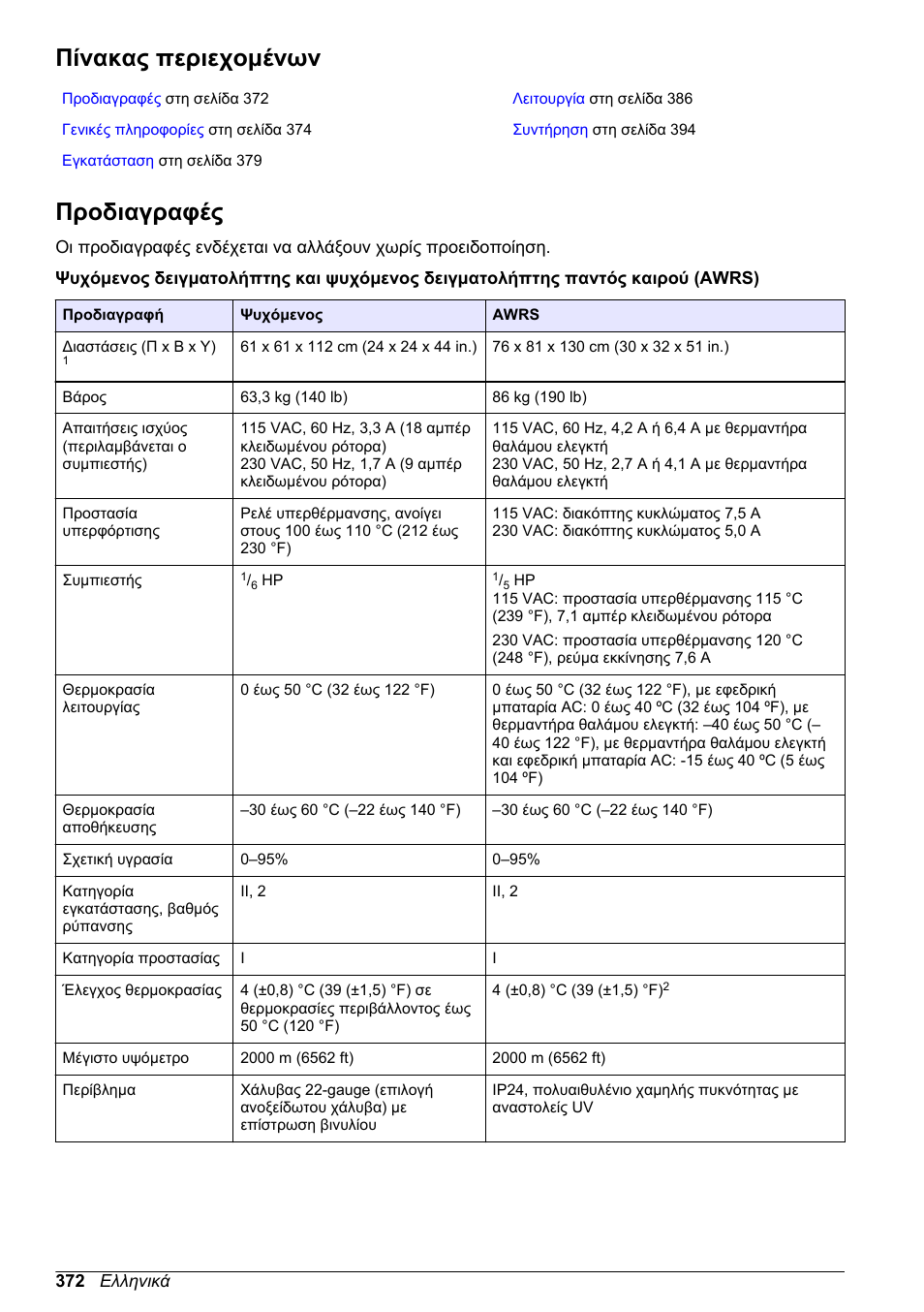 Βασικό εγχειρίδιο χειριστή, Πίνακας περιεχομένων, Προδιαγραφές | Ελληνικά | Hach-Lange SD900 Refrigerated Sampler, SD900 AWRS Basic User Manual User Manual | Page 372 / 400