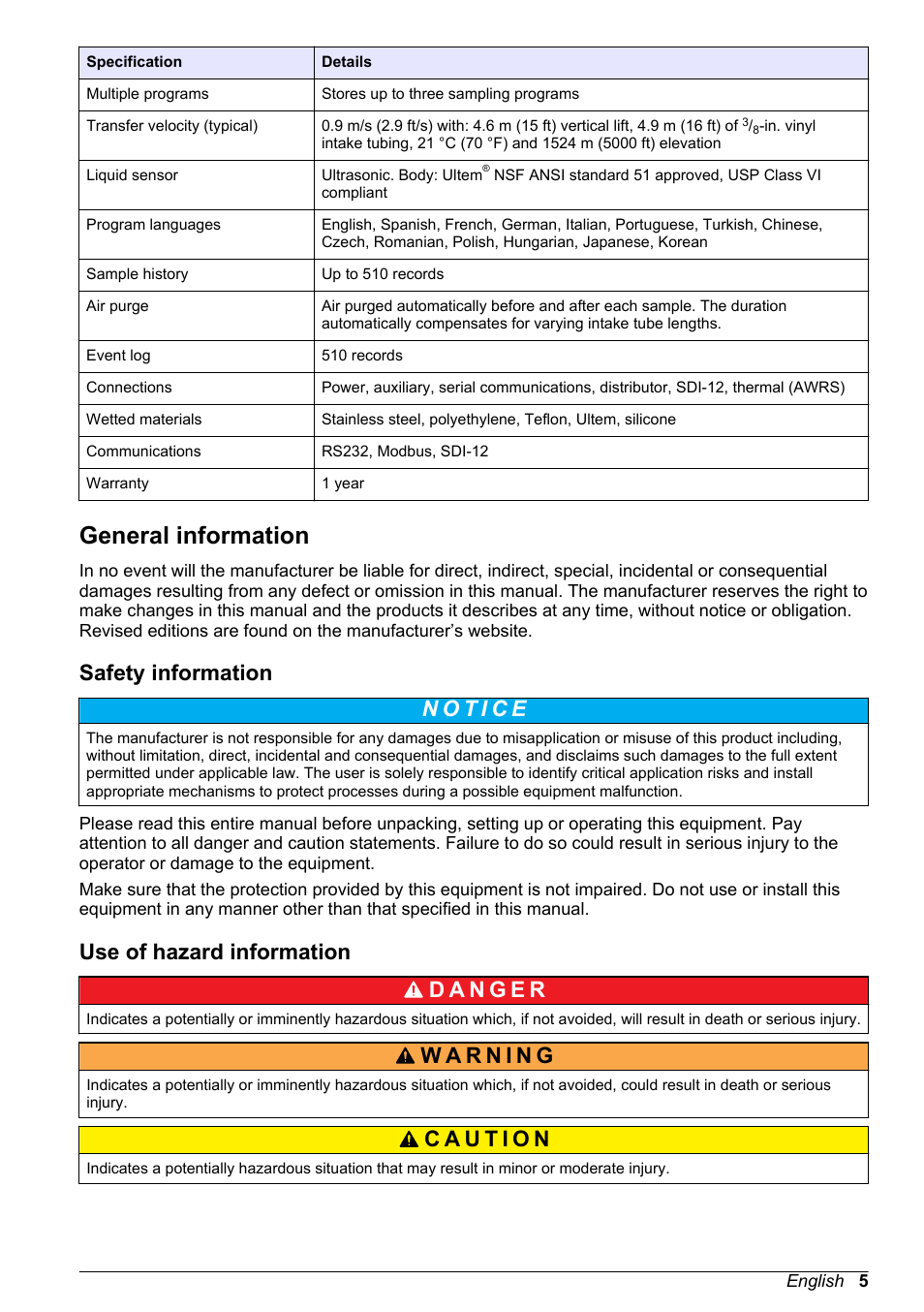 General information, Safety information, Use of hazard information | Hach-Lange SD900 Refrigerated Sampler, SD900 AWRS Basic User Manual User Manual | Page 5 / 400