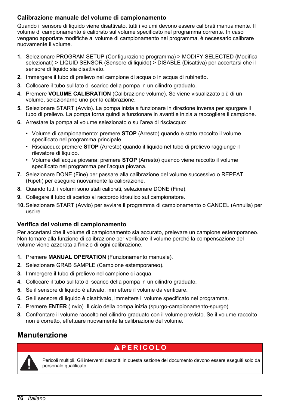 Calibrazione manuale del volume di campionamento, Verifica del volume di campionamento, Manutenzione | Hach-Lange SD900 Refrigerated Sampler, SD900 AWRS Basic User Manual User Manual | Page 76 / 400