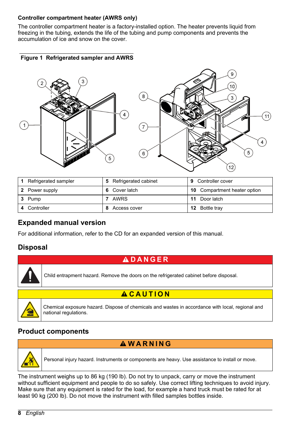 Expanded manual version, Disposal, Product components | Hach-Lange SD900 Refrigerated Sampler, SD900 AWRS Basic User Manual User Manual | Page 8 / 400