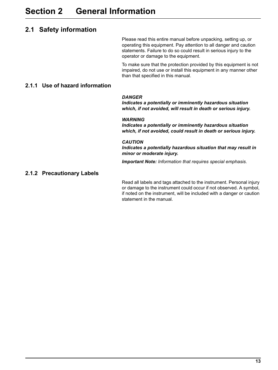 Section 2 general information, 1 safety information, 1 use of hazard information | 2 precautionary labels | Hach-Lange SIGMA SD900 Refrigerated Sampler and All Weather Refrigerated Sampler User Manual User Manual | Page 15 / 114