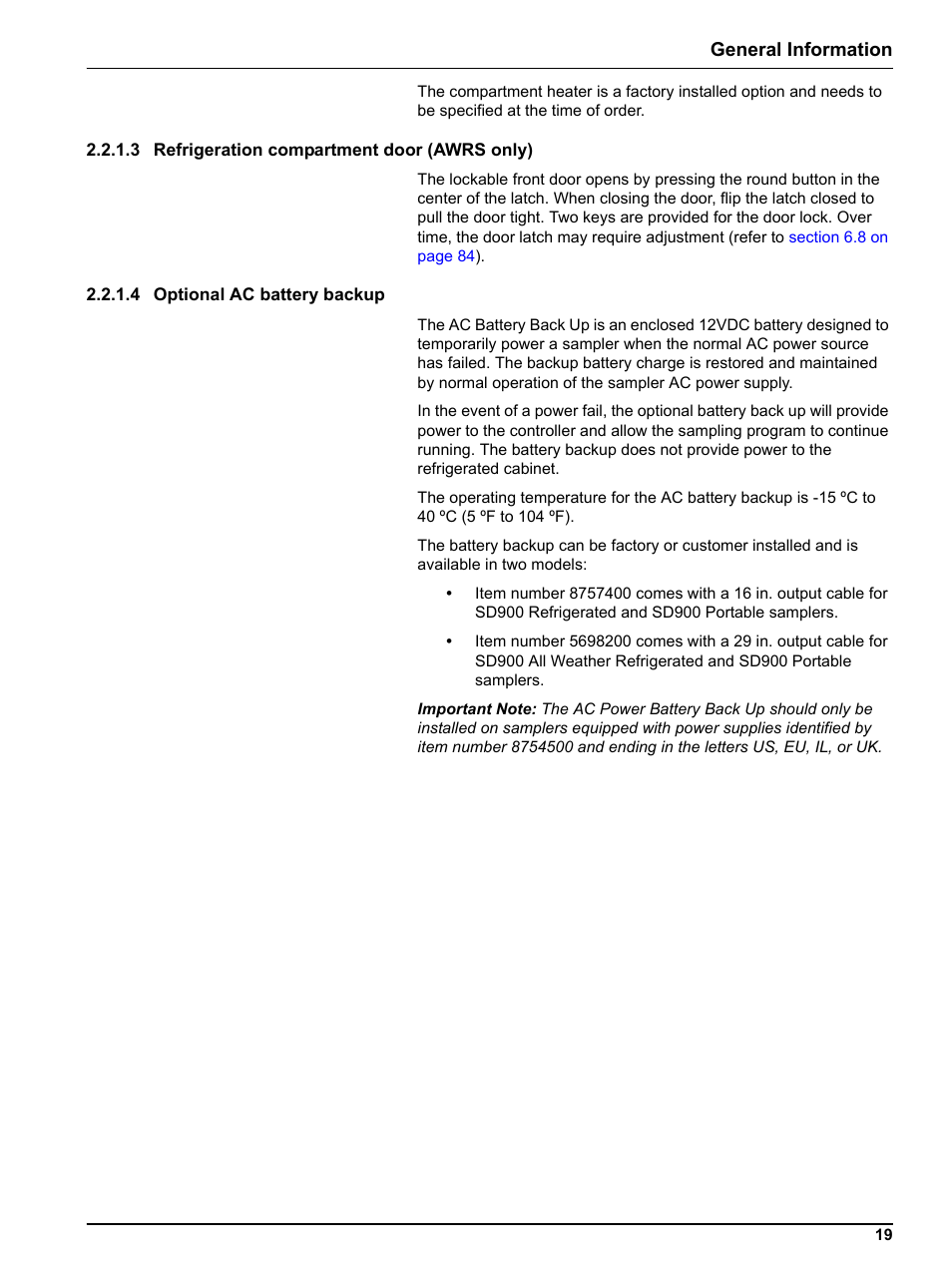 3 refrigeration compartment door (awrs only), 4 optional ac battery backup, General information | Hach-Lange SIGMA SD900 Refrigerated Sampler and All Weather Refrigerated Sampler User Manual User Manual | Page 21 / 114