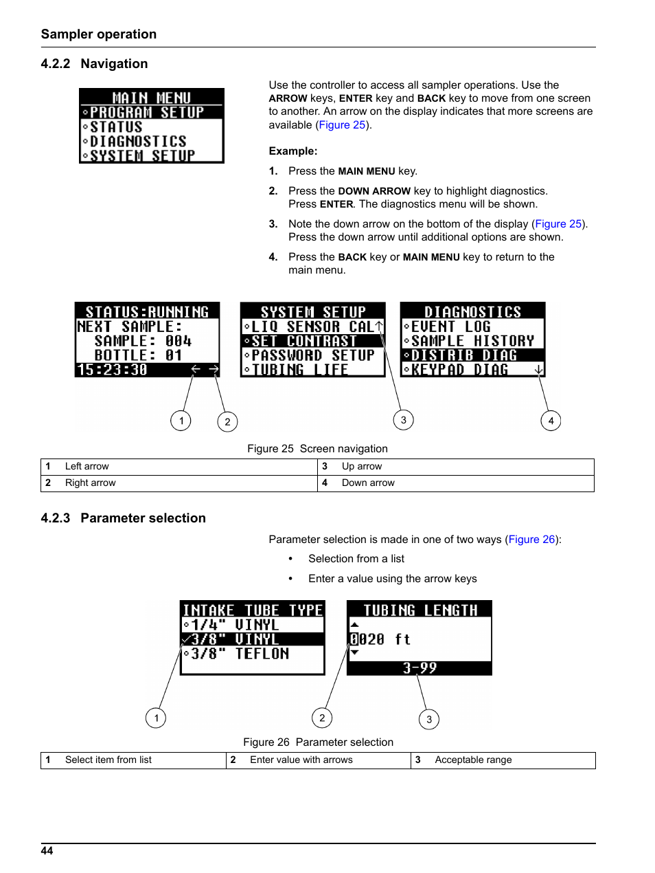 2 navigation, 3 parameter selection, 2 navigation 4.2.3 parameter selection | Sampler operation 4.2.2 navigation | Hach-Lange SIGMA SD900 Refrigerated Sampler and All Weather Refrigerated Sampler User Manual User Manual | Page 46 / 114