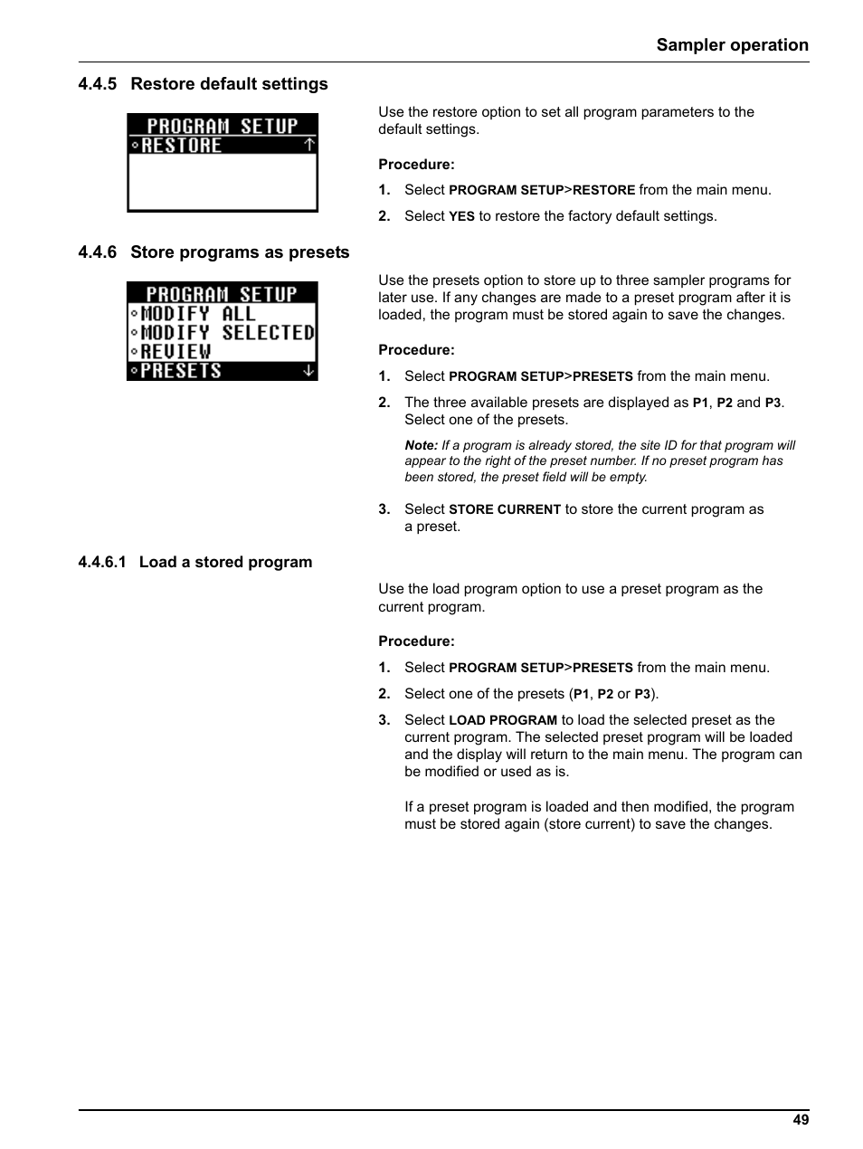 5 restore default settings, 6 store programs as presets, 1 load a stored program | Recall, Sampler operation 4.4.5 restore default settings | Hach-Lange SIGMA SD900 Refrigerated Sampler and All Weather Refrigerated Sampler User Manual User Manual | Page 51 / 114
