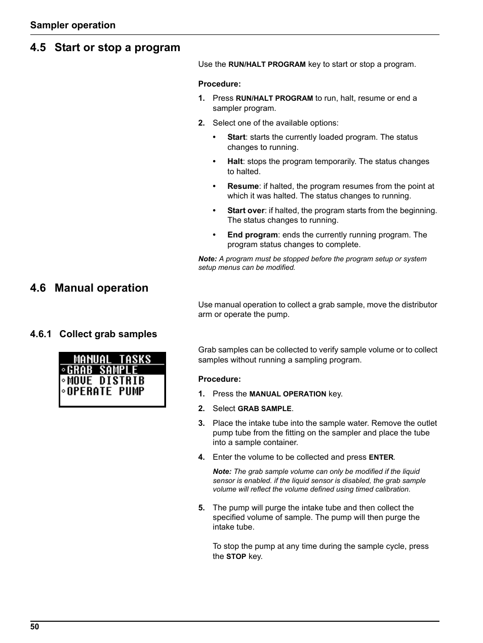 5 start or stop a program, 6 manual operation, 1 collect grab samples | 5 start or stop a program 4.6 manual operation, Sampler operation | Hach-Lange SIGMA SD900 Refrigerated Sampler and All Weather Refrigerated Sampler User Manual User Manual | Page 52 / 114