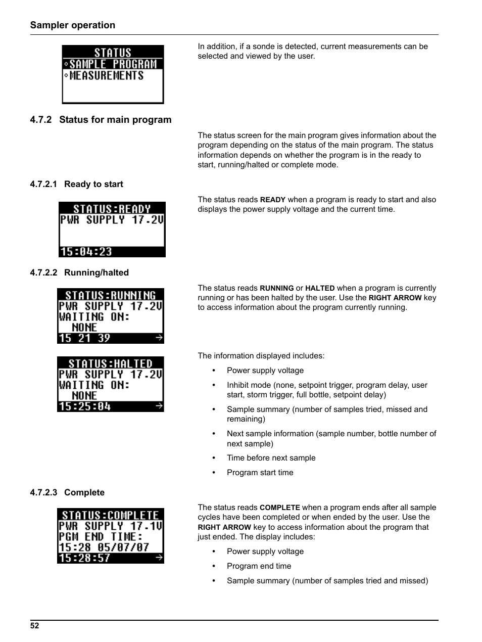 2 status for main program, 1 ready to start, 2 running/halted | 3 complete, Sampler operation | Hach-Lange SIGMA SD900 Refrigerated Sampler and All Weather Refrigerated Sampler User Manual User Manual | Page 54 / 114