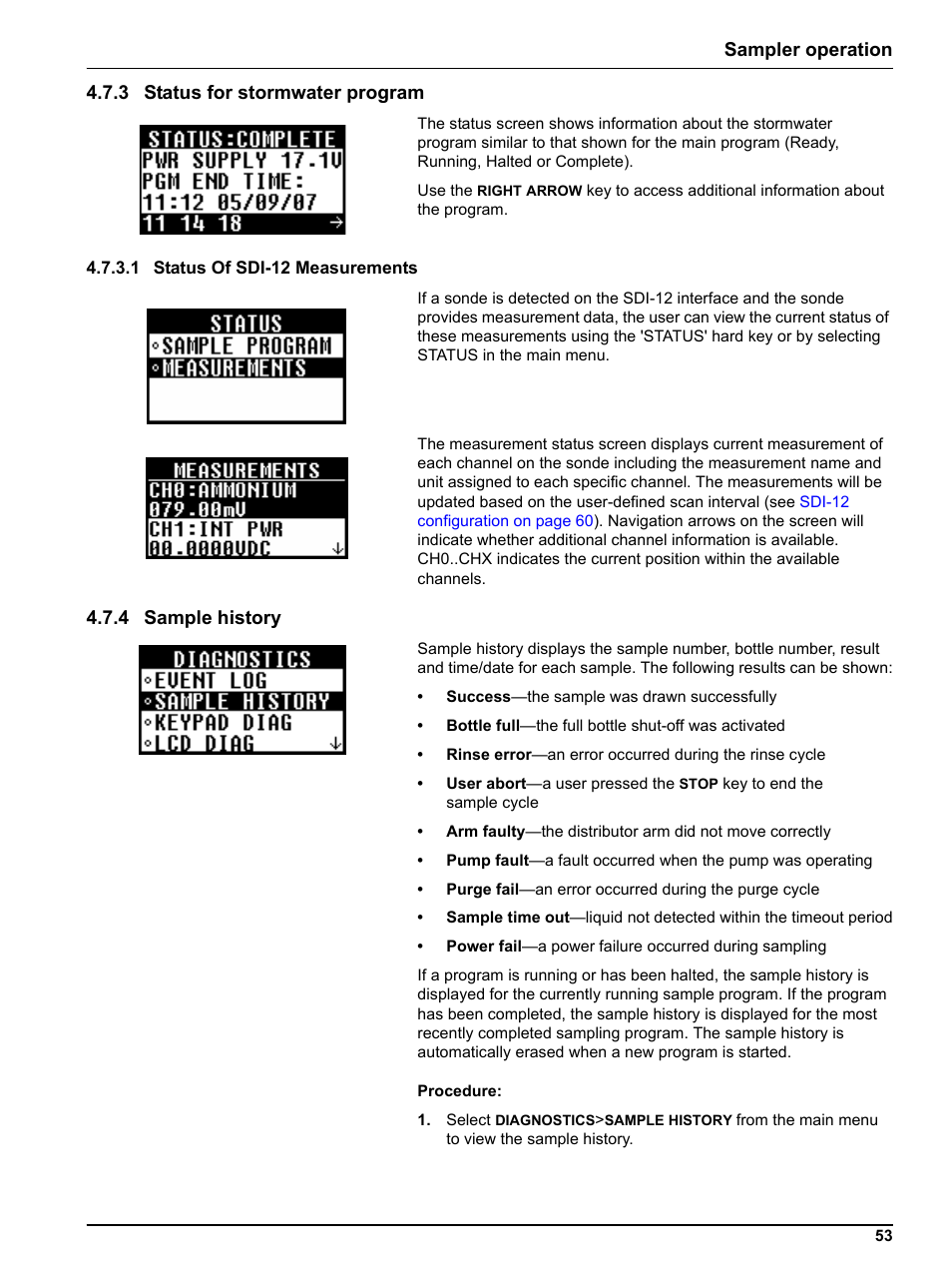 3 status for stormwater program, 1 status of sdi-12 measurements, 4 sample history | Hach-Lange SIGMA SD900 Refrigerated Sampler and All Weather Refrigerated Sampler User Manual User Manual | Page 55 / 114