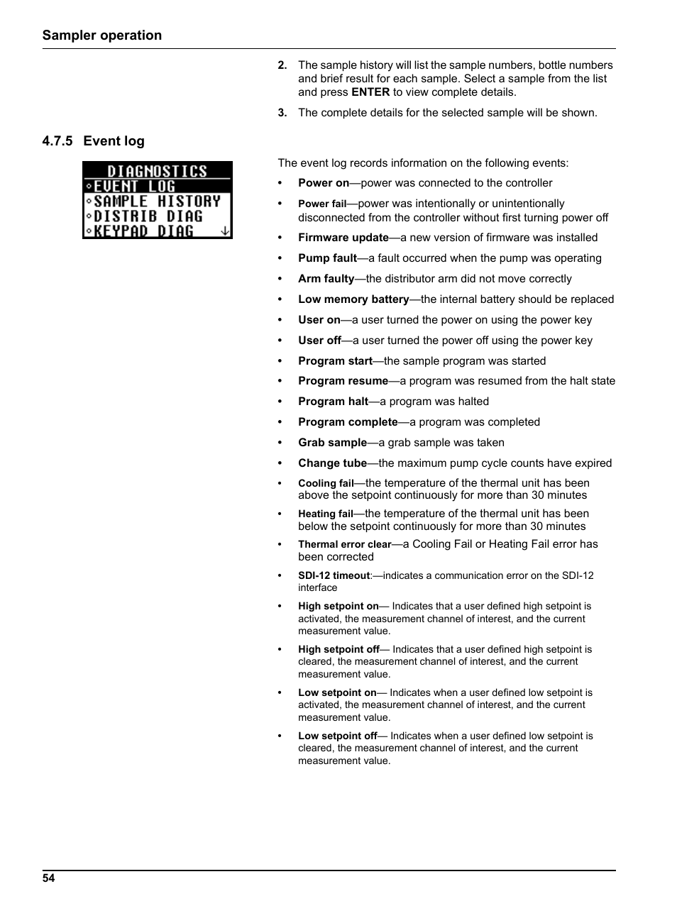5 event log, Sampler operation | Hach-Lange SIGMA SD900 Refrigerated Sampler and All Weather Refrigerated Sampler User Manual User Manual | Page 56 / 114