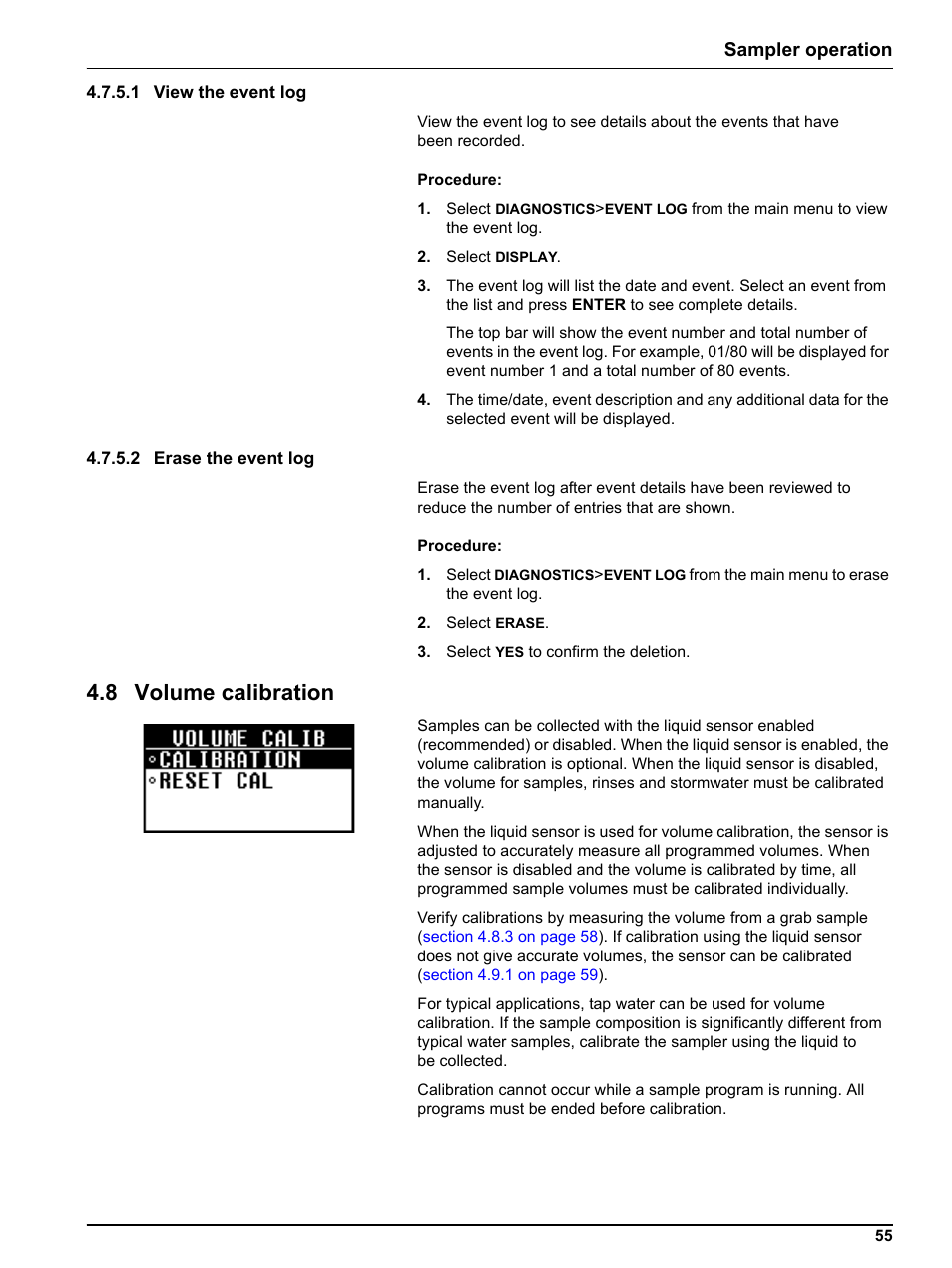 1 view the event log, 2 erase the event log, 8 volume calibration | 1 view the event log 4.7.5.2 erase the event log, Sampler operation | Hach-Lange SIGMA SD900 Refrigerated Sampler and All Weather Refrigerated Sampler User Manual User Manual | Page 57 / 114